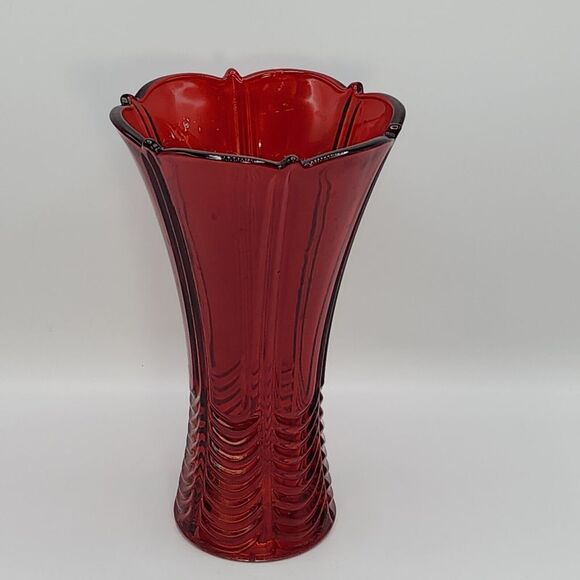 High 9.5in Embossed Flared Glass Vase Art Deco Style Design Red - Picture 9 of 10
